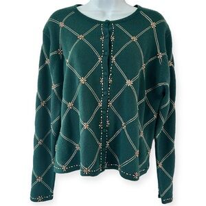 SUSAN BRISTOL Vintage Hand Beaded Embroidered Windowpane Grid Cardigan Sweater L